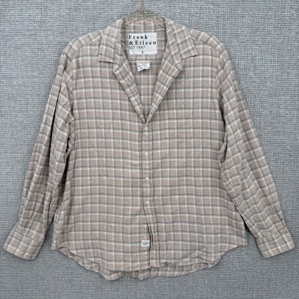 Frank & Eileen Women Sz L Tan Plaid Long Sleeve Button‎ Down Shirt Cotton Italy
